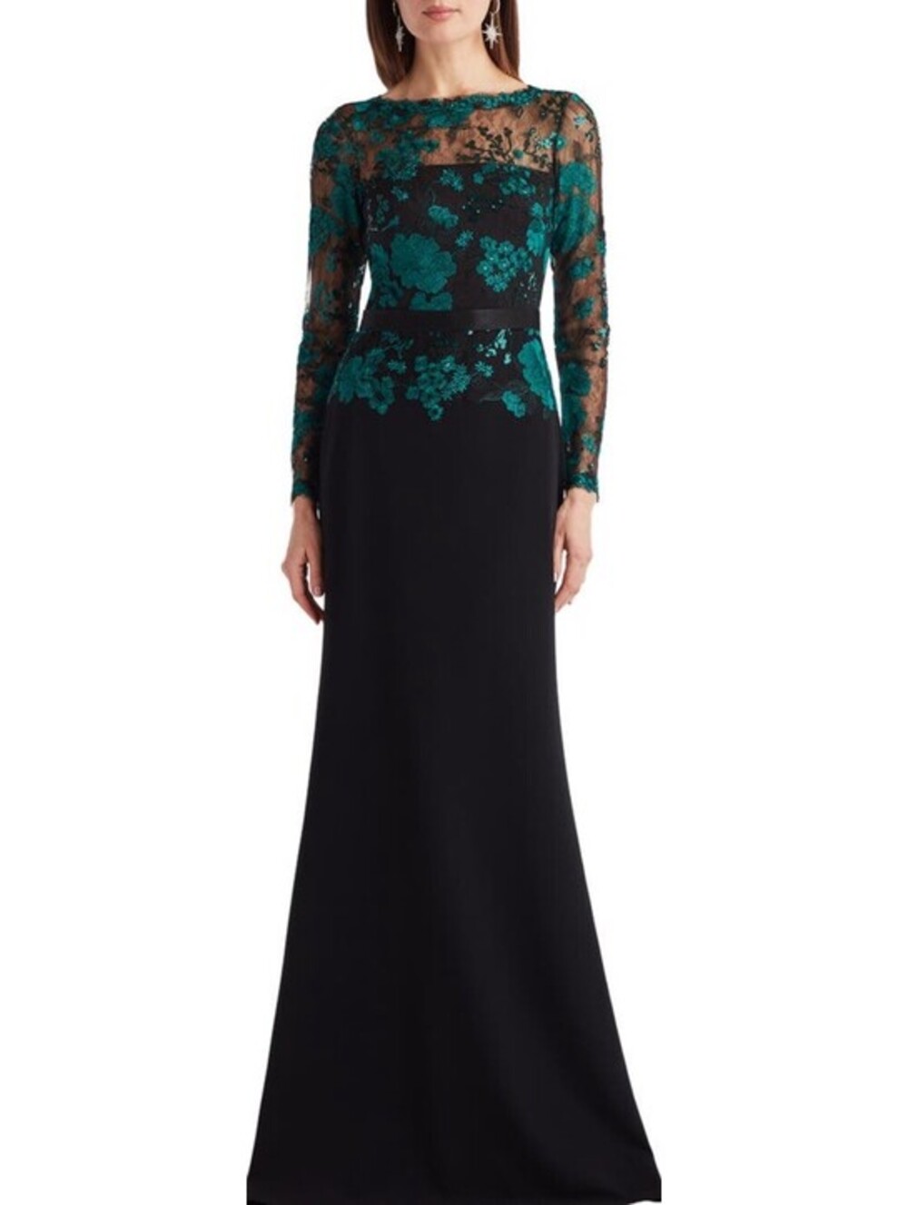 New Tadashi Shoji Floral Lace Embroidery Long Sleeve Gown In Emerald/ Black Sz 8